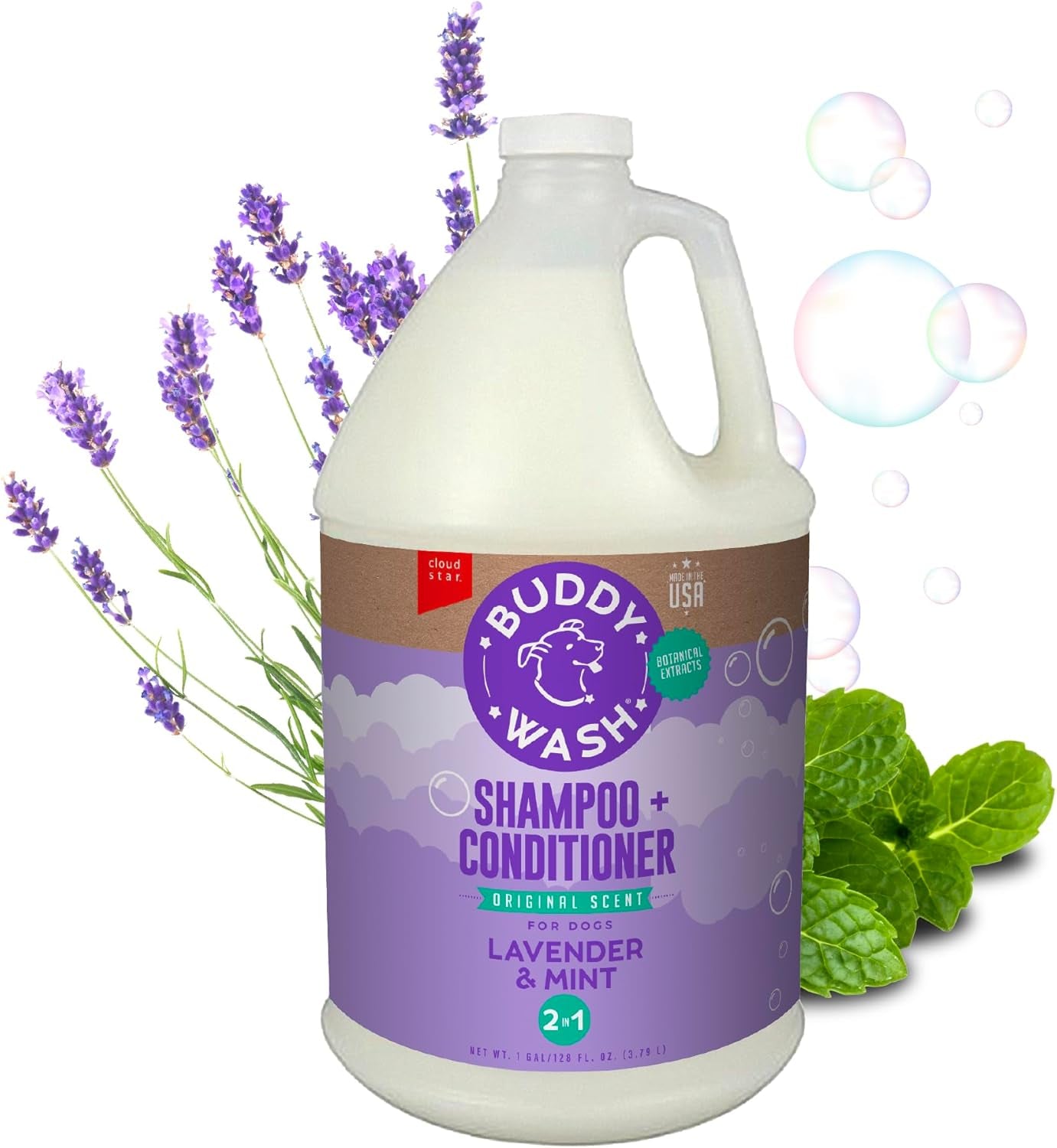 Buddy Wash 2-in-1 Dog Shampoo & Conditioner – Lavender & Mint Bliss for Soft, Shiny, Tail-Wagging Results (1 Gallon)