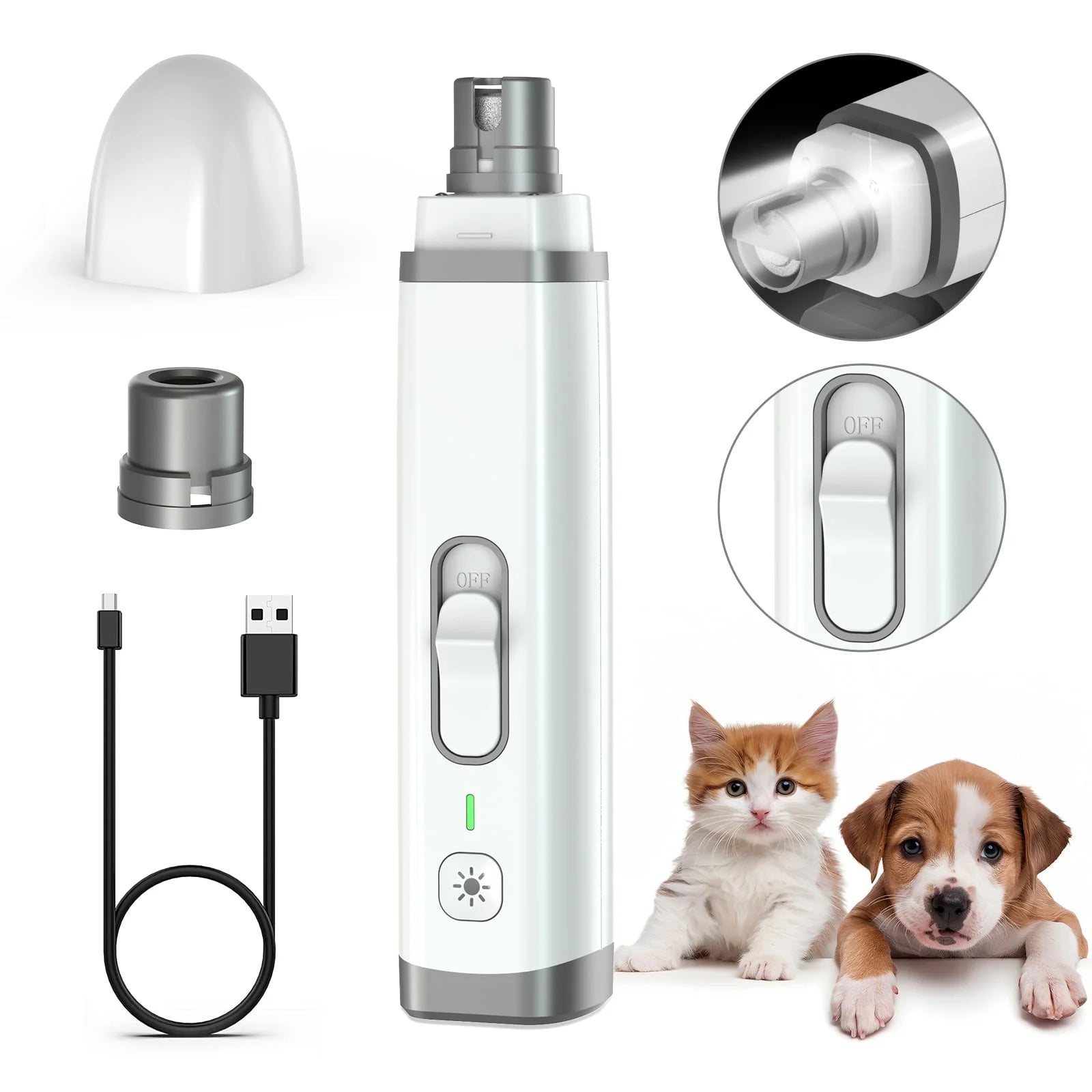 Dog Nail Grinder, 2 Speed Rechargeable LED Dog Nail Trimmer, Clipper for Dogs and Cats, White